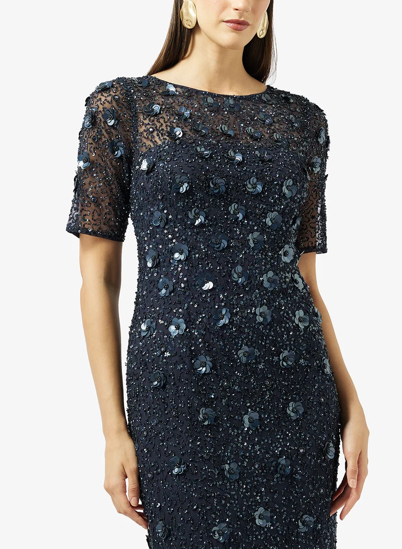 Adrianna Papell  Crew Neck Mesh Detailed Maxi Dress for Women | Best Price UAE